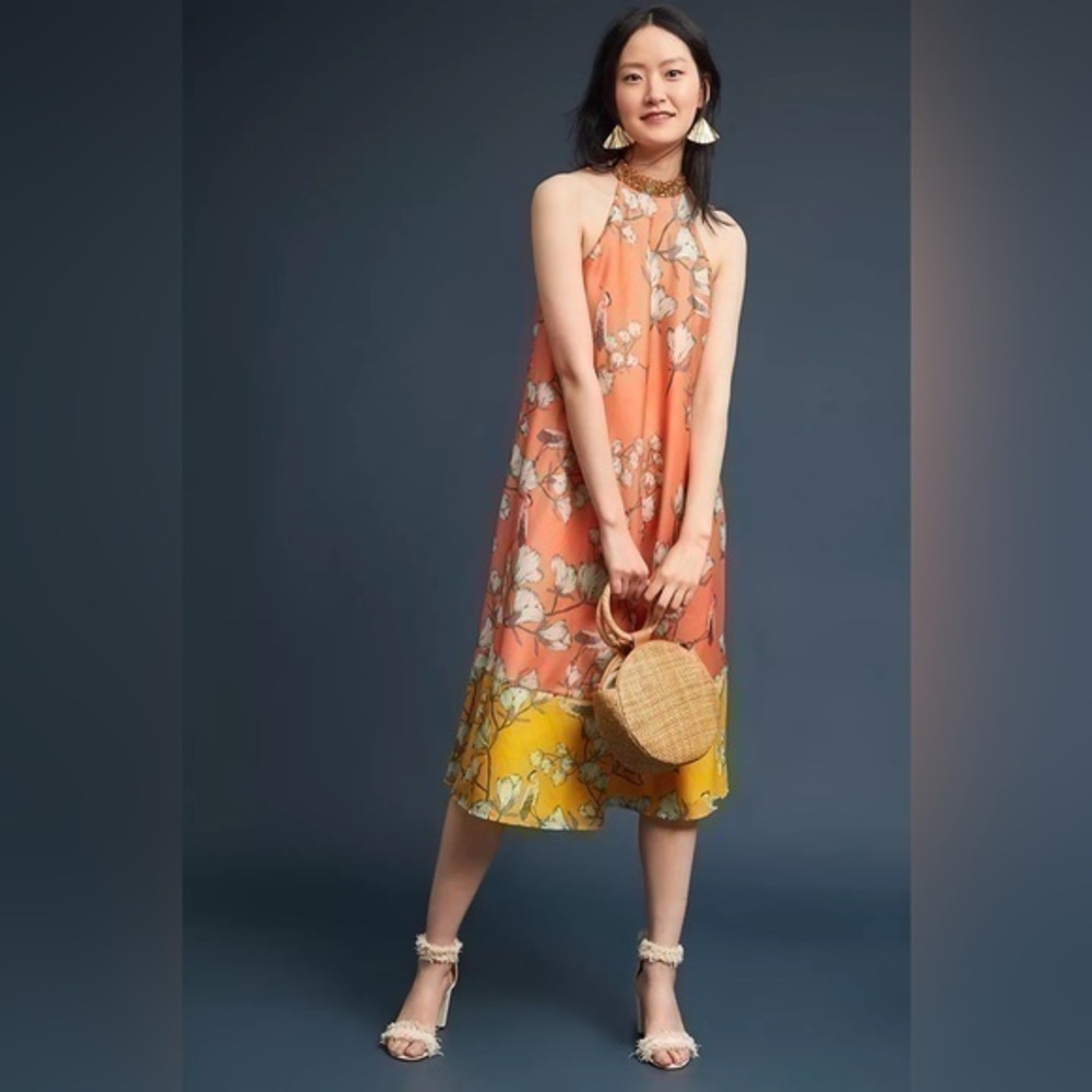 NWOT Anthropologie Varun Bahl Beaded Neck Blossom Floral Stork Print Dress LL20